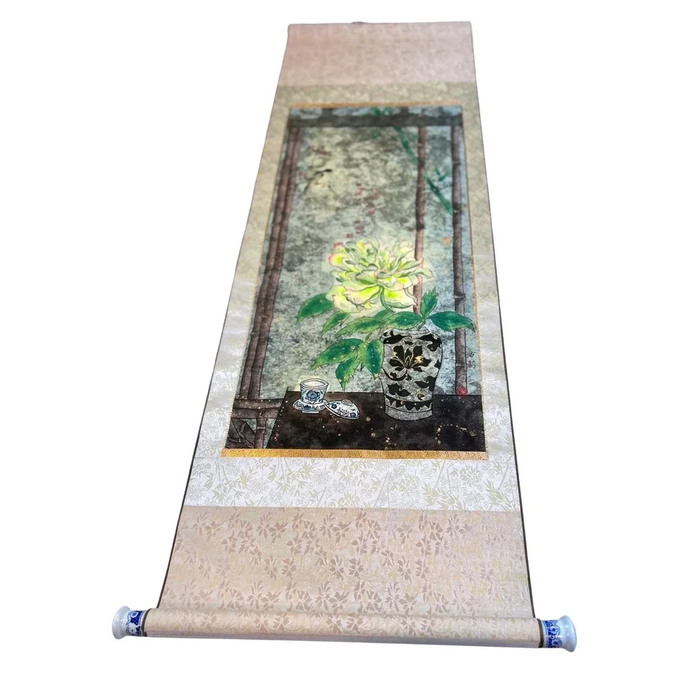 Vintage Asian Wall Scroll Yellow Peony Flower Silk‎ Brocade Porcelain Ends 48in